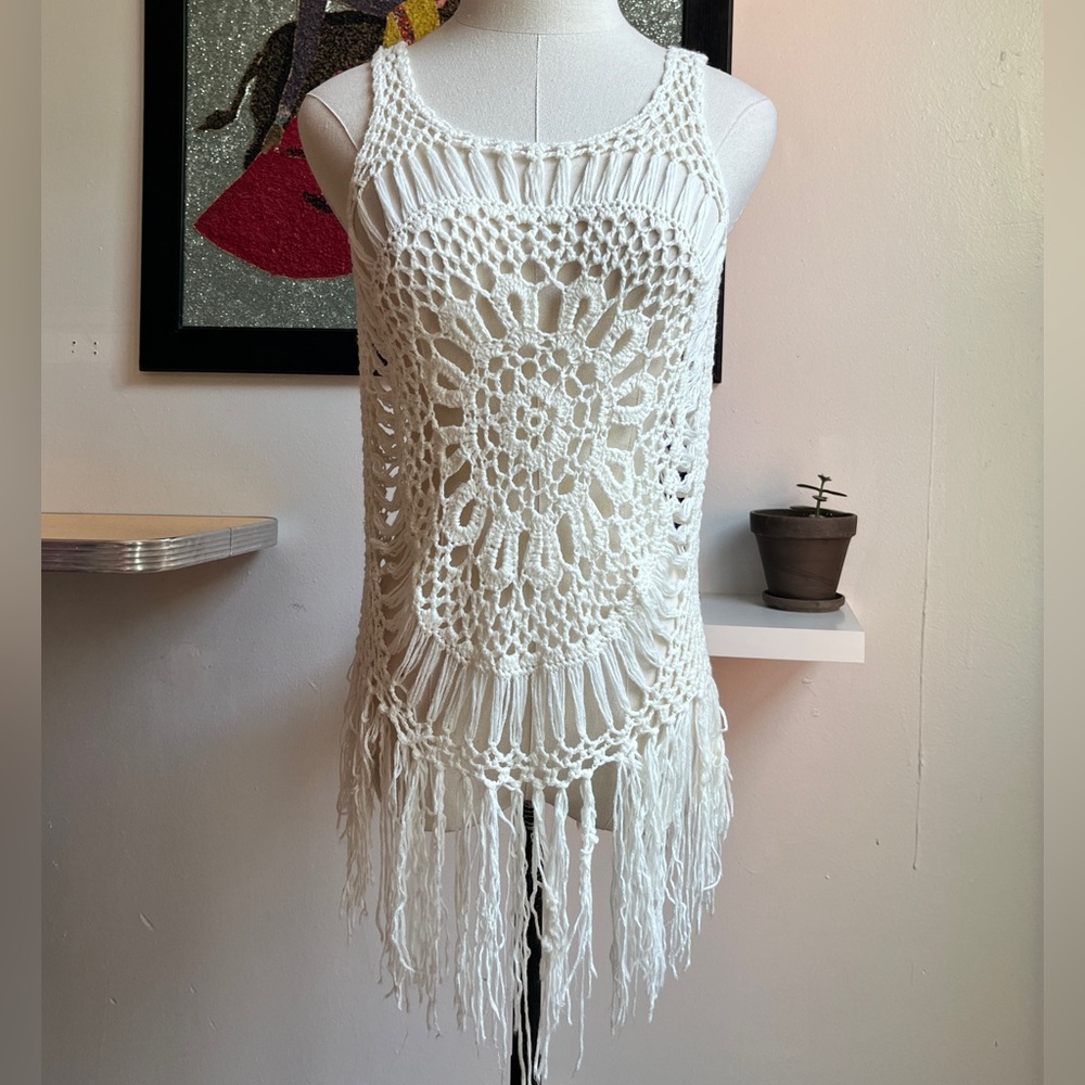 Y2K White Crochet Fringe Tank Top | Boho Festival Knit | Size S